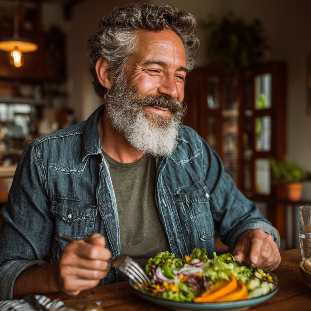 Happy middle-aged man in his 50s enjoying healthy homemade meal at dining table, smiling while eating colorful fresh salad with vegetables