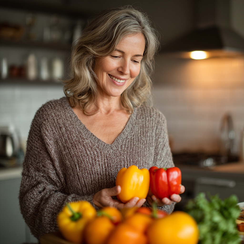 Mature woman in her late 40s preparing fresh healthy vegetables and fruits in modern kitchen, smiling while holding colorful bell peppers