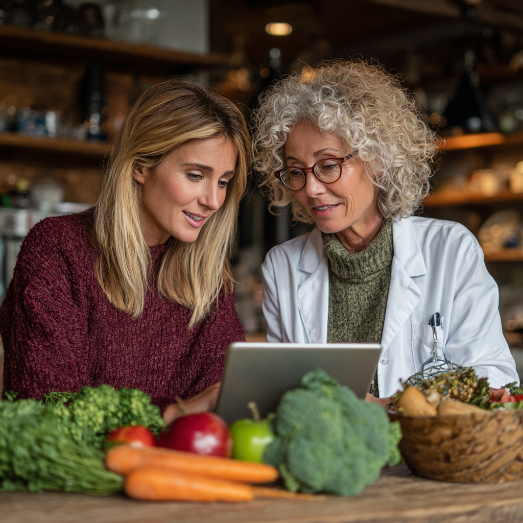 Professional nutritionist woman in her early 50s wearing white coat consulting with client, looking at healthy meal plans and charts on tablet device